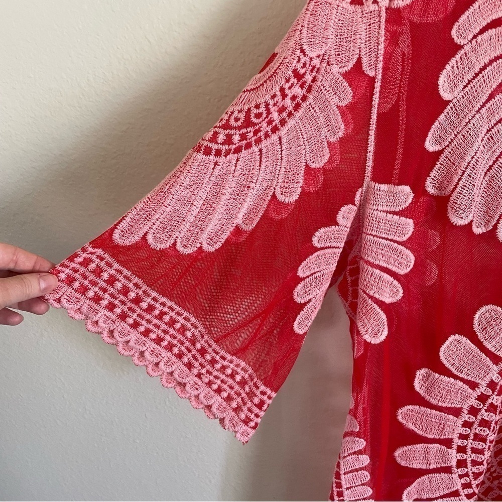 Ember Swimwear Cover-Up Embroidered Floral Kimono Duster Red Pink Size Medium - Picture 4 of 10